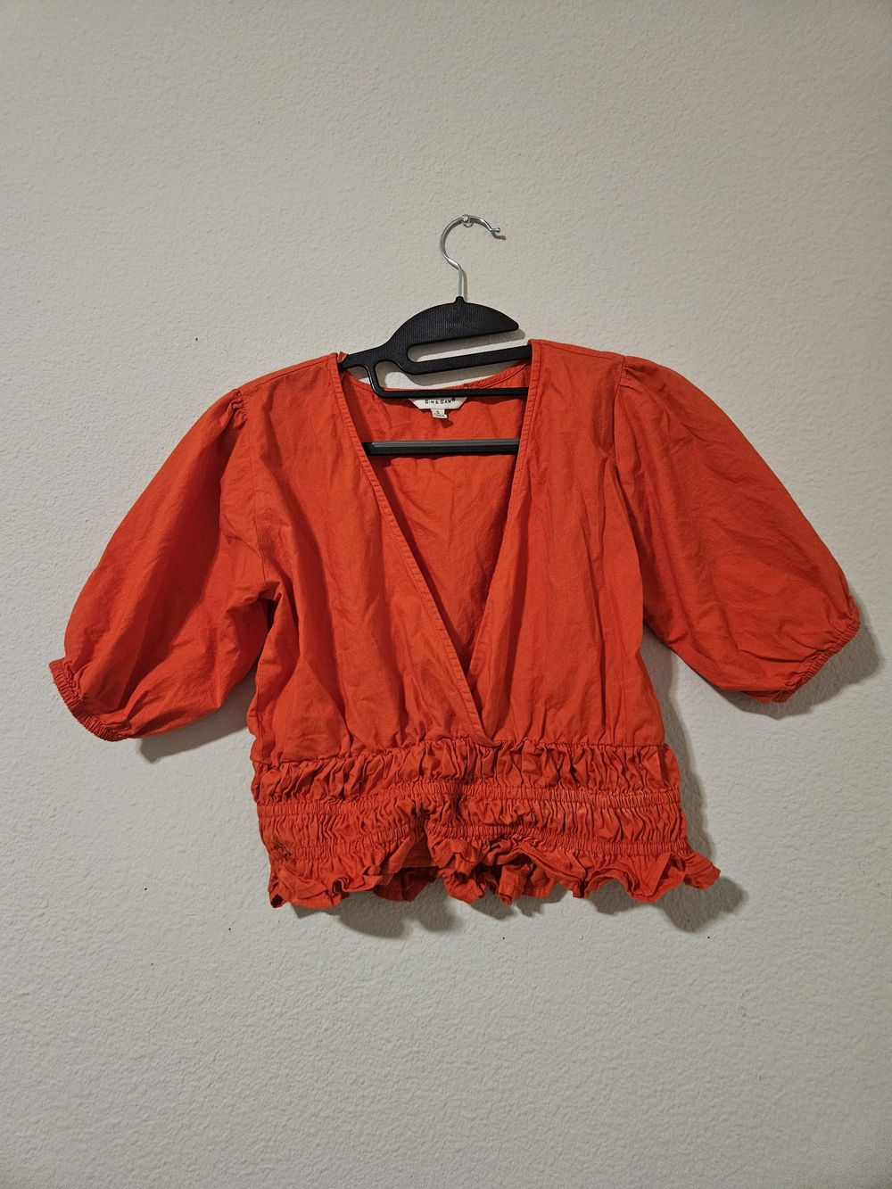 Puff-Sleeve Smocked-Waist Blouse in Vibrant Red Orange | 100% Cotton